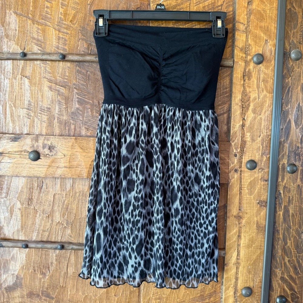 Y2K Bebe Womens Strapless Leopard Print Mini Dress Black Grey P/S Made in USA